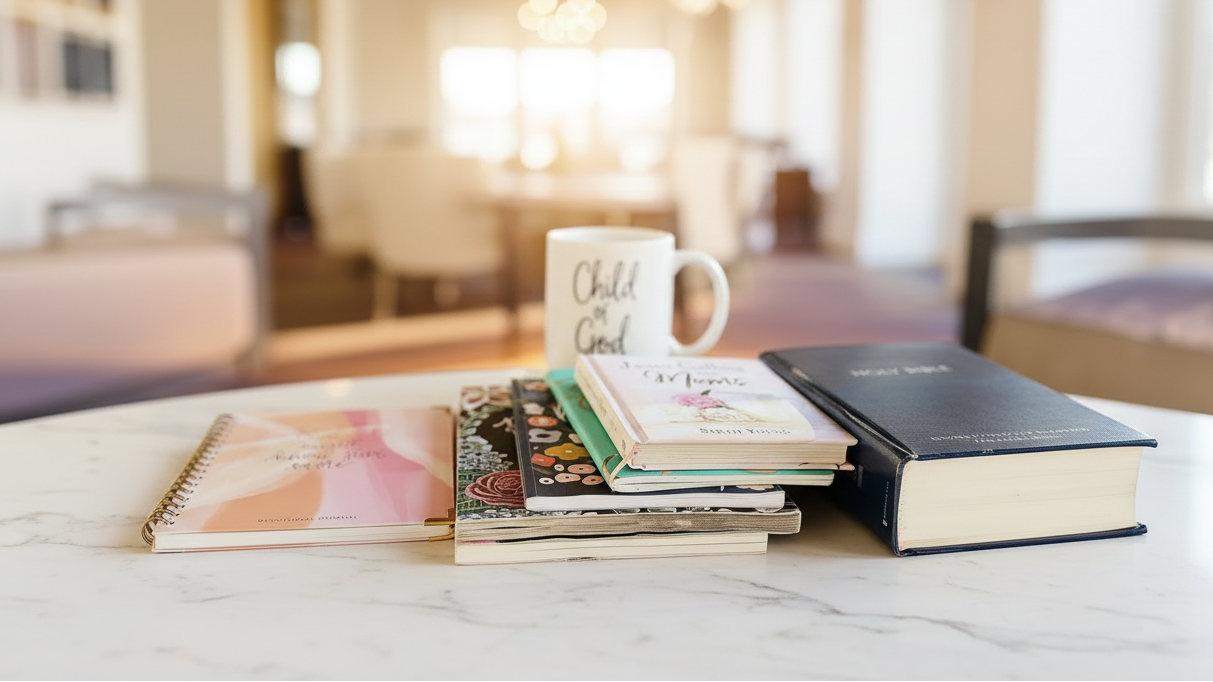 Stack of books including a Bible and devotionals on a textured surface with a mug.